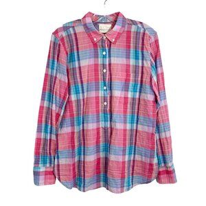 J. Crew Classic Fit Crinkle Cotton Popover Blouse in Ombre Plaid - Size 10